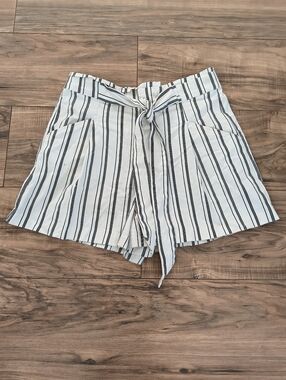 Zara White and Black Striped Tie-Waist High-Rise Shorts